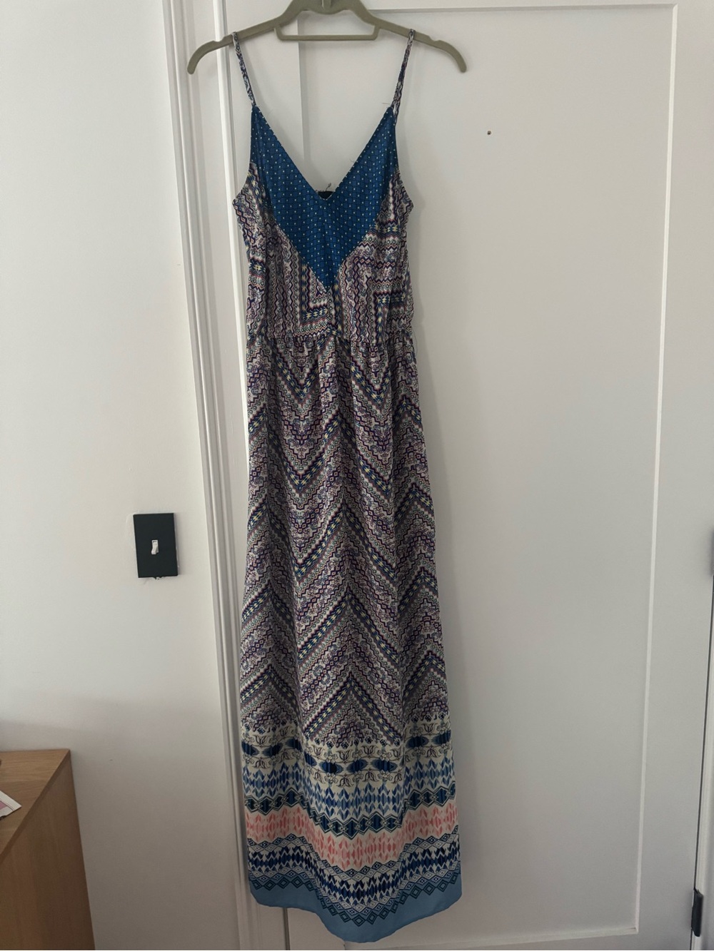 Aqua Blue and Purple Printed Spaghetti-Strap Maxi Dress